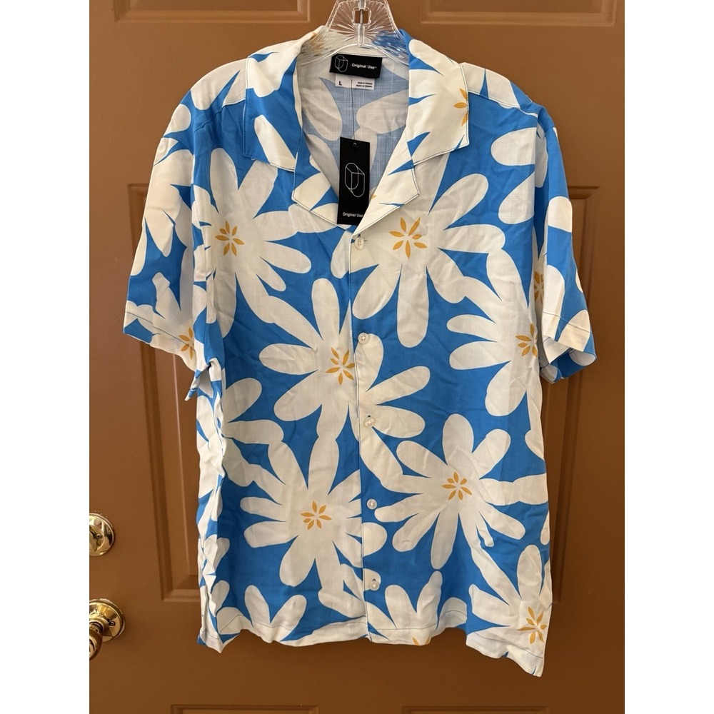Men's Original Use Blue & White Floral Woven Resort Shirt Size Large NWT
